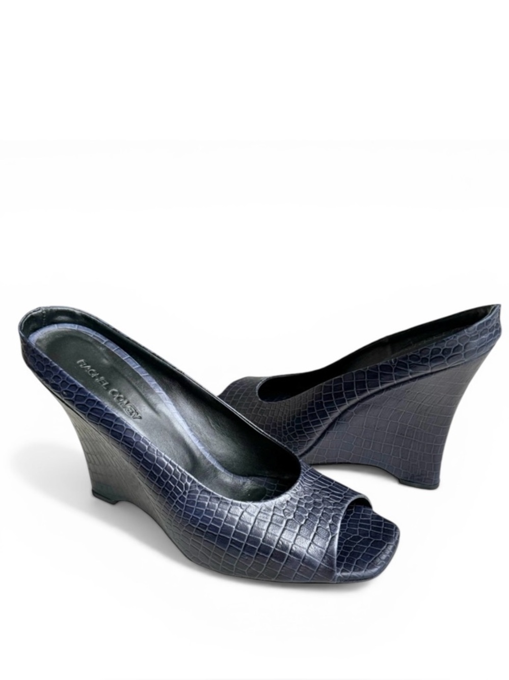 Rachel Comey Navy Blue Sandals Embossed Leather Open Toe Wedge Mules Women’s